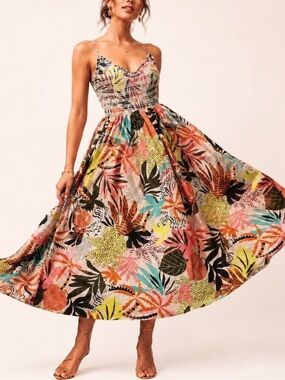Multicolor Tropical Print Spaghetti-Strap Maxi Dress